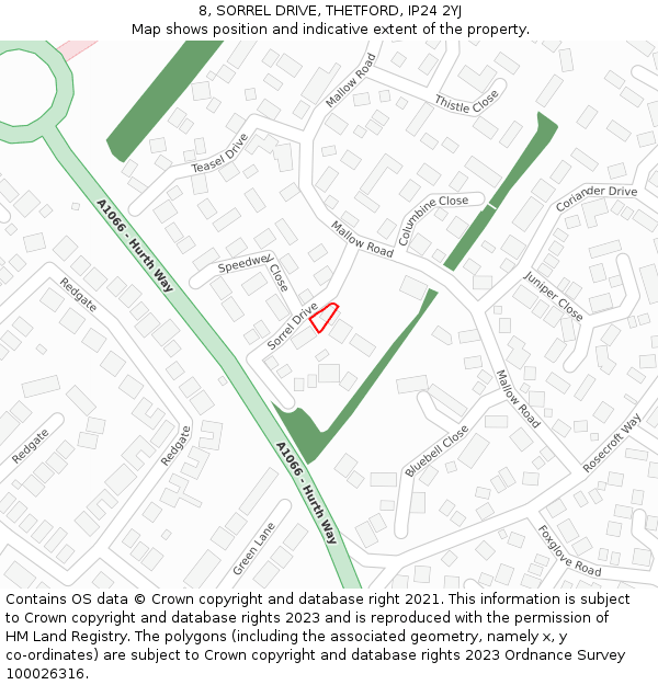 8, SORREL DRIVE, THETFORD, IP24 2YJ: Location map and indicative extent of plot