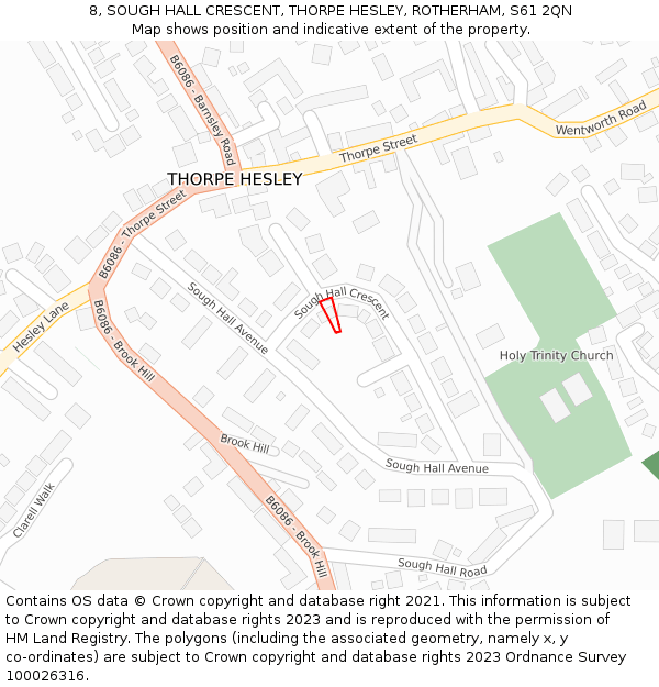 8, SOUGH HALL CRESCENT, THORPE HESLEY, ROTHERHAM, S61 2QN: Location map and indicative extent of plot