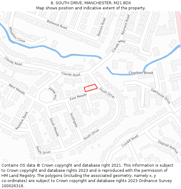 8, SOUTH DRIVE, MANCHESTER, M21 8DX: Location map and indicative extent of plot