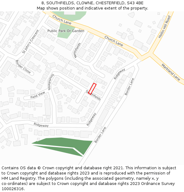 8, SOUTHFIELDS, CLOWNE, CHESTERFIELD, S43 4BE: Location map and indicative extent of plot