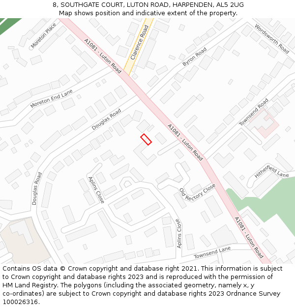 8, SOUTHGATE COURT, LUTON ROAD, HARPENDEN, AL5 2UG: Location map and indicative extent of plot