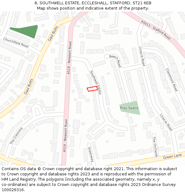 8, SOUTHWELL ESTATE, ECCLESHALL, STAFFORD, ST21 6EB: Location map and indicative extent of plot