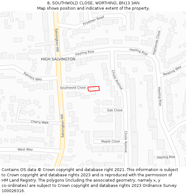 8, SOUTHWOLD CLOSE, WORTHING, BN13 3AN: Location map and indicative extent of plot