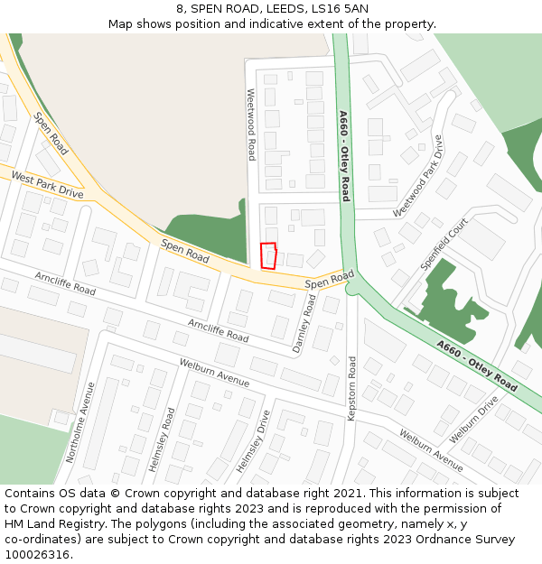 8, SPEN ROAD, LEEDS, LS16 5AN: Location map and indicative extent of plot