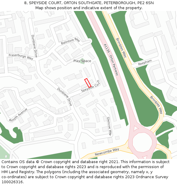 8, SPEYSIDE COURT, ORTON SOUTHGATE, PETERBOROUGH, PE2 6SN: Location map and indicative extent of plot