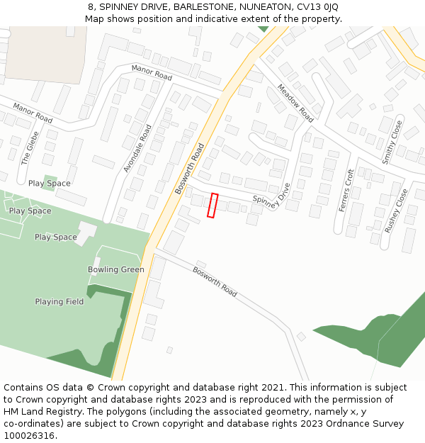 8, SPINNEY DRIVE, BARLESTONE, NUNEATON, CV13 0JQ: Location map and indicative extent of plot