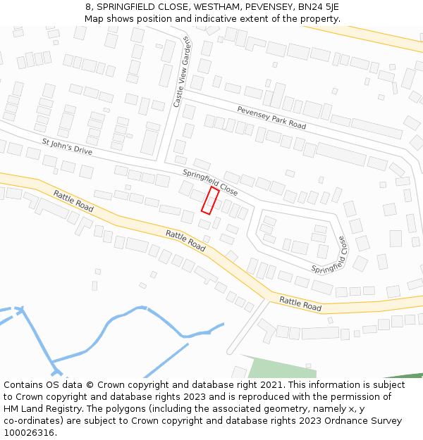 8, SPRINGFIELD CLOSE, WESTHAM, PEVENSEY, BN24 5JE: Location map and indicative extent of plot