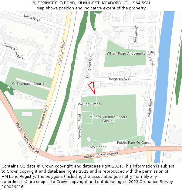 8, SPRINGFIELD ROAD, KILNHURST, MEXBOROUGH, S64 5SN: Location map and indicative extent of plot