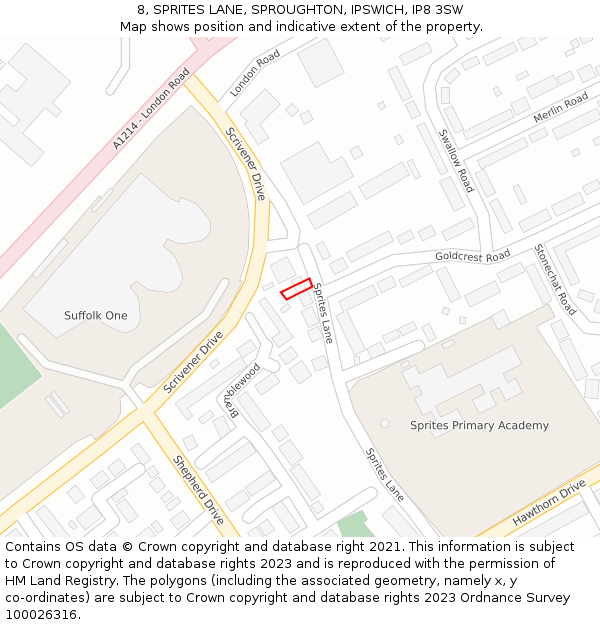 8, SPRITES LANE, SPROUGHTON, IPSWICH, IP8 3SW: Location map and indicative extent of plot