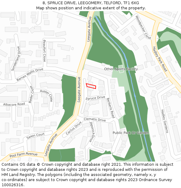 8, SPRUCE DRIVE, LEEGOMERY, TELFORD, TF1 6XG: Location map and indicative extent of plot