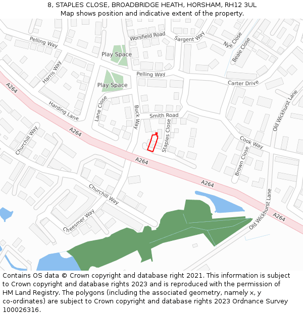 8, STAPLES CLOSE, BROADBRIDGE HEATH, HORSHAM, RH12 3UL: Location map and indicative extent of plot