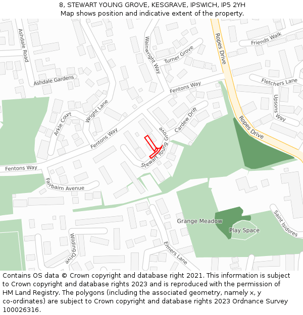 8, STEWART YOUNG GROVE, KESGRAVE, IPSWICH, IP5 2YH: Location map and indicative extent of plot