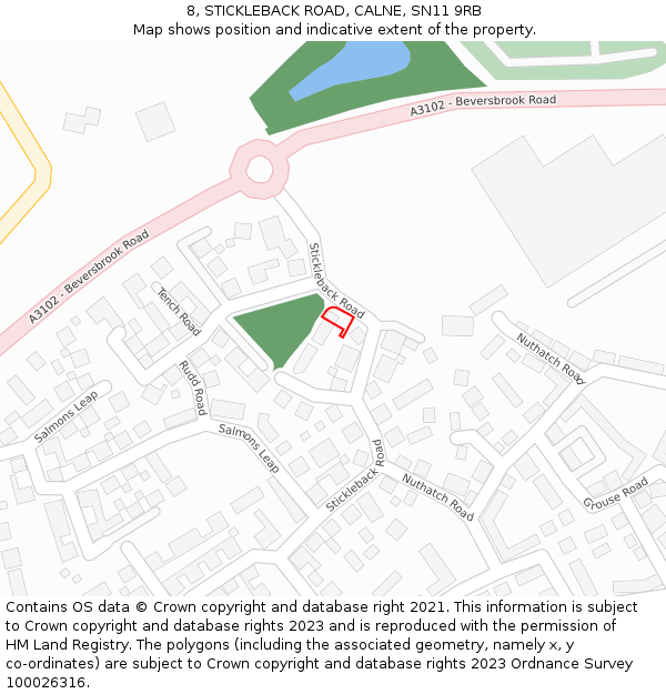 8, STICKLEBACK ROAD, CALNE, SN11 9RB: Location map and indicative extent of plot