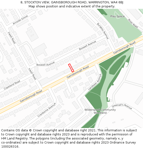 8, STOCKTON VIEW, GAINSBOROUGH ROAD, WARRINGTON, WA4 6BJ: Location map and indicative extent of plot