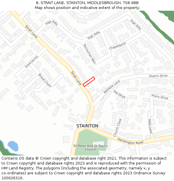 8, STRAIT LANE, STAINTON, MIDDLESBROUGH, TS8 9BB: Location map and indicative extent of plot