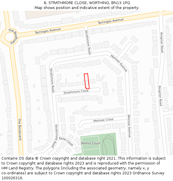 8, STRATHMORE CLOSE, WORTHING, BN13 1PQ: Location map and indicative extent of plot