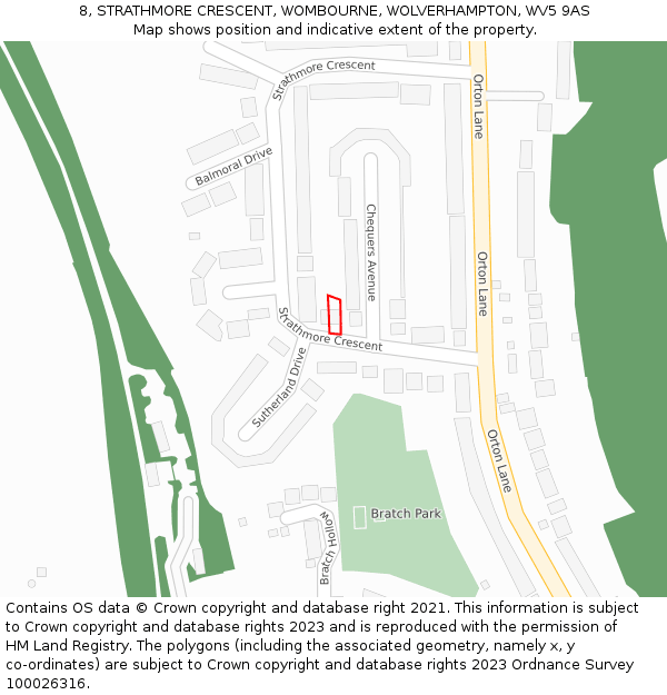 8, STRATHMORE CRESCENT, WOMBOURNE, WOLVERHAMPTON, WV5 9AS: Location map and indicative extent of plot