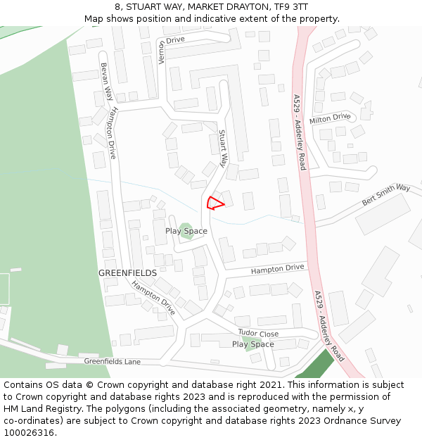 8, STUART WAY, MARKET DRAYTON, TF9 3TT: Location map and indicative extent of plot