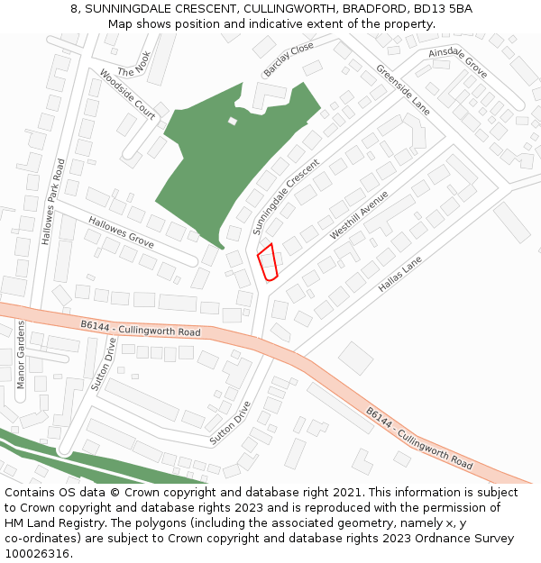 8, SUNNINGDALE CRESCENT, CULLINGWORTH, BRADFORD, BD13 5BA: Location map and indicative extent of plot