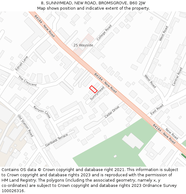 8, SUNNYMEAD, NEW ROAD, BROMSGROVE, B60 2JW: Location map and indicative extent of plot