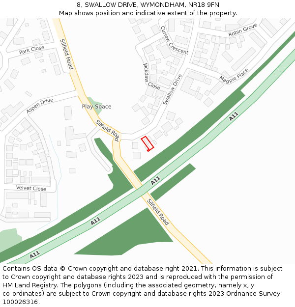 8, SWALLOW DRIVE, WYMONDHAM, NR18 9FN: Location map and indicative extent of plot