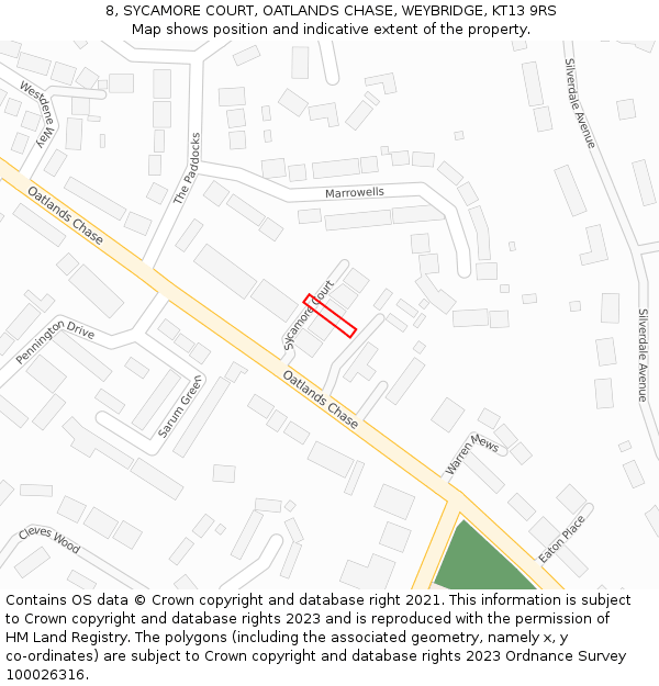 8, SYCAMORE COURT, OATLANDS CHASE, WEYBRIDGE, KT13 9RS: Location map and indicative extent of plot