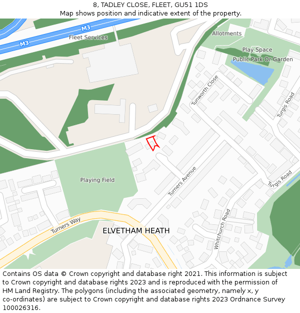 8, TADLEY CLOSE, FLEET, GU51 1DS: Location map and indicative extent of plot