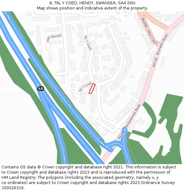 8, TAL Y COED, HENDY, SWANSEA, SA4 0XN: Location map and indicative extent of plot