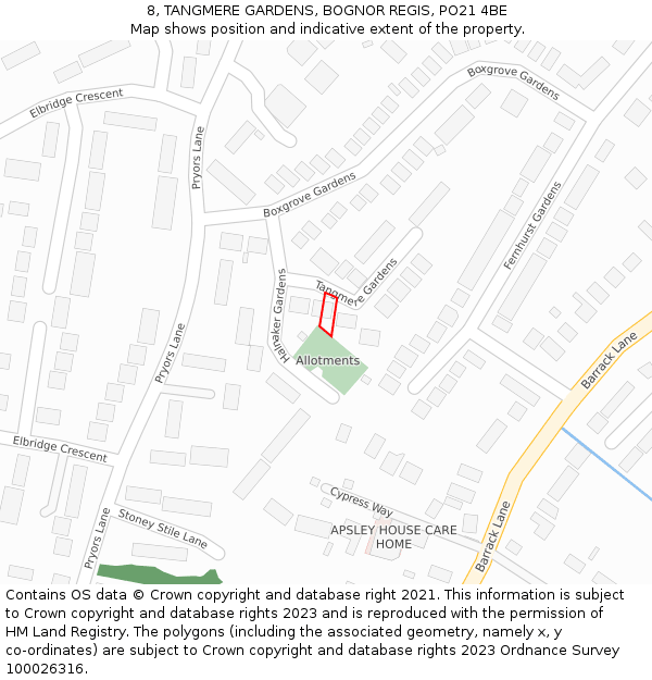 8, TANGMERE GARDENS, BOGNOR REGIS, PO21 4BE: Location map and indicative extent of plot