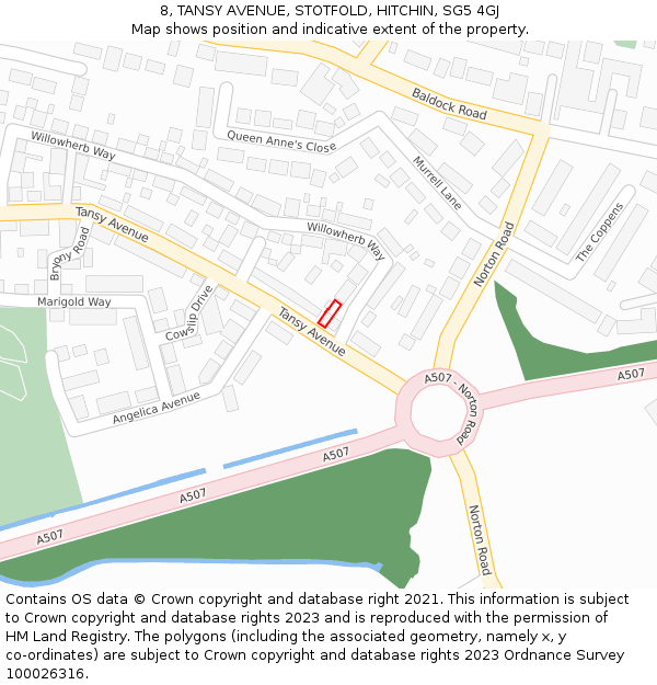 8, TANSY AVENUE, STOTFOLD, HITCHIN, SG5 4GJ: Location map and indicative extent of plot