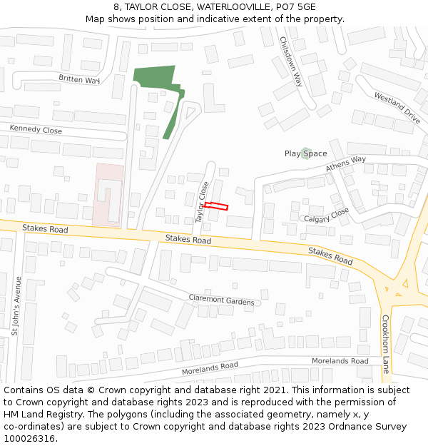 8, TAYLOR CLOSE, WATERLOOVILLE, PO7 5GE: Location map and indicative extent of plot