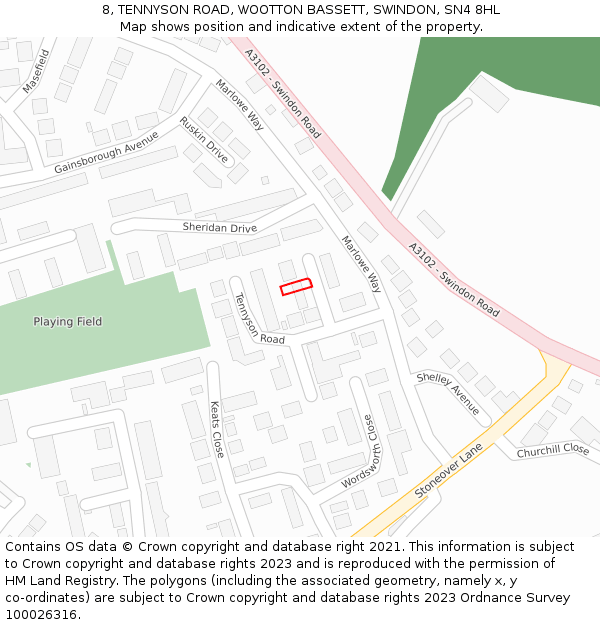 8, TENNYSON ROAD, WOOTTON BASSETT, SWINDON, SN4 8HL: Location map and indicative extent of plot