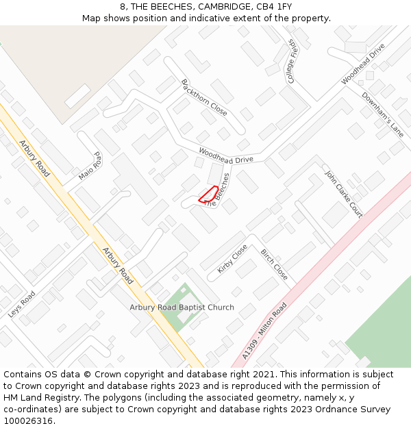 8, THE BEECHES, CAMBRIDGE, CB4 1FY: Location map and indicative extent of plot