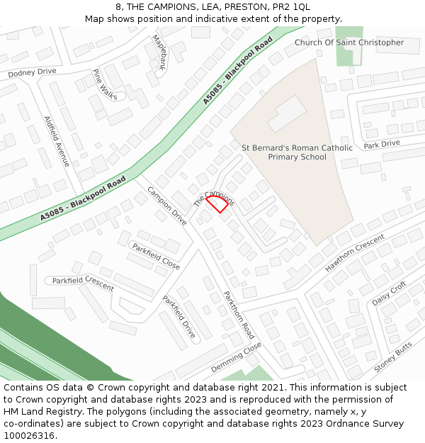 8, THE CAMPIONS, LEA, PRESTON, PR2 1QL: Location map and indicative extent of plot