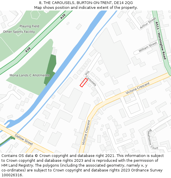 8, THE CAROUSELS, BURTON-ON-TRENT, DE14 2QG: Location map and indicative extent of plot