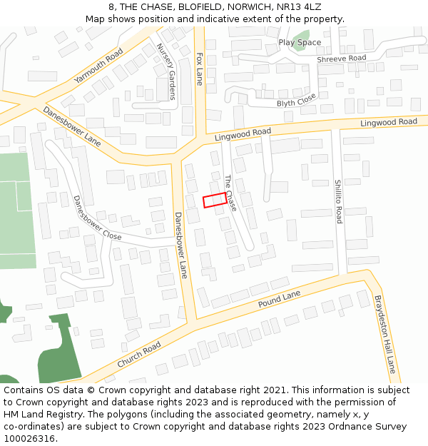 8, THE CHASE, BLOFIELD, NORWICH, NR13 4LZ: Location map and indicative extent of plot