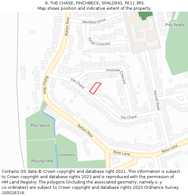 8, THE CHASE, PINCHBECK, SPALDING, PE11 3RS: Location map and indicative extent of plot