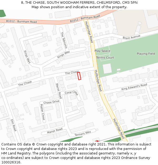 8, THE CHASE, SOUTH WOODHAM FERRERS, CHELMSFORD, CM3 5PN: Location map and indicative extent of plot