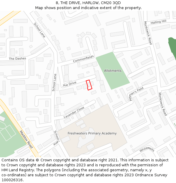 8, THE DRIVE, HARLOW, CM20 3QD: Location map and indicative extent of plot