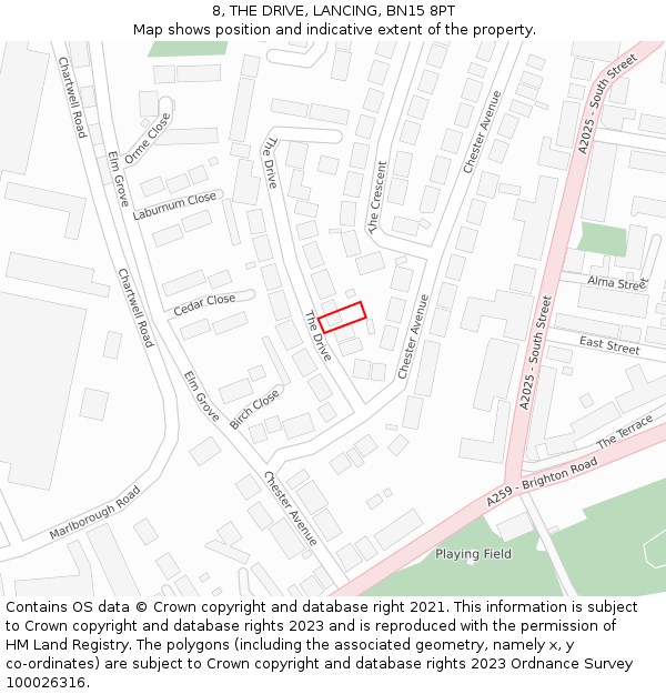8, THE DRIVE, LANCING, BN15 8PT: Location map and indicative extent of plot