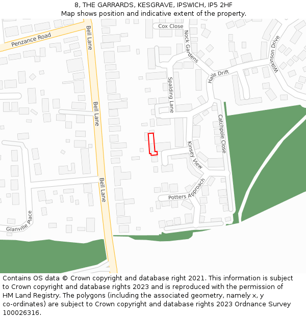 8, THE GARRARDS, KESGRAVE, IPSWICH, IP5 2HF: Location map and indicative extent of plot