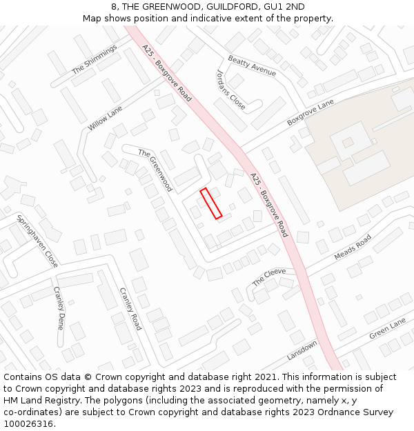 8, THE GREENWOOD, GUILDFORD, GU1 2ND: Location map and indicative extent of plot