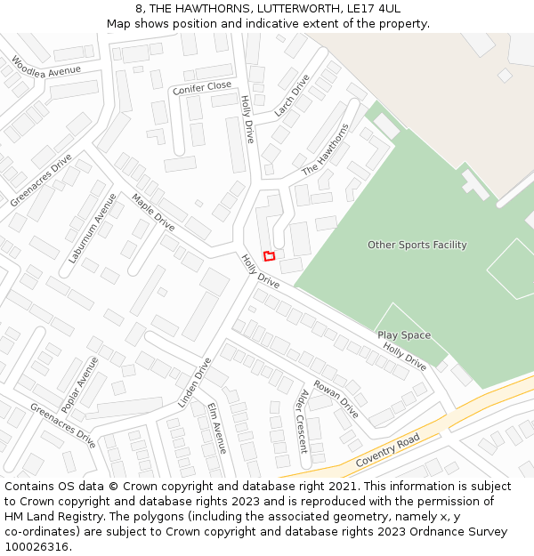 8, THE HAWTHORNS, LUTTERWORTH, LE17 4UL: Location map and indicative extent of plot