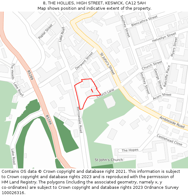 8, THE HOLLIES, HIGH STREET, KESWICK, CA12 5AH: Location map and indicative extent of plot