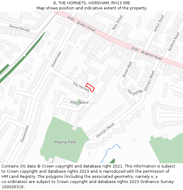 8, THE HORNETS, HORSHAM, RH13 5RE: Location map and indicative extent of plot