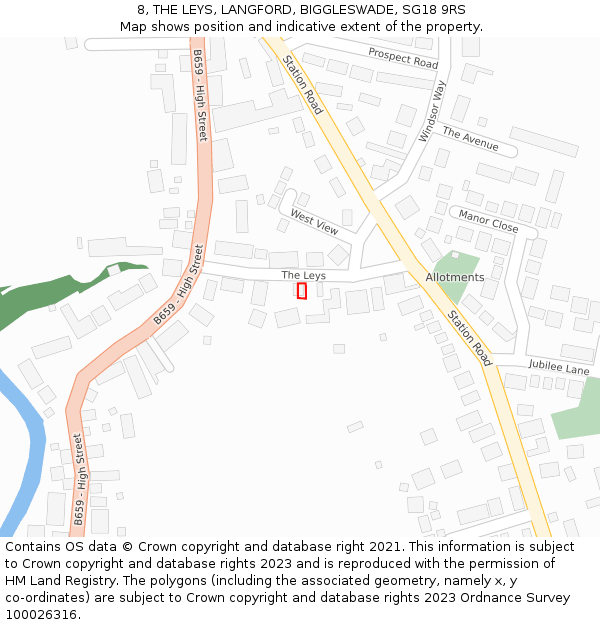 8, THE LEYS, LANGFORD, BIGGLESWADE, SG18 9RS: Location map and indicative extent of plot
