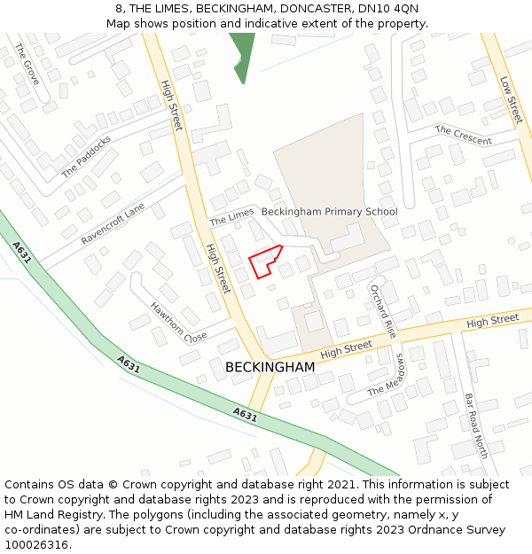 8, THE LIMES, BECKINGHAM, DONCASTER, DN10 4QN: Location map and indicative extent of plot