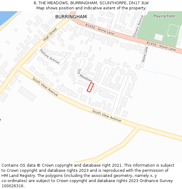 8, THE MEADOWS, BURRINGHAM, SCUNTHORPE, DN17 3LW: Location map and indicative extent of plot