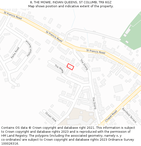 8, THE MOWIE, INDIAN QUEENS, ST COLUMB, TR9 6GZ: Location map and indicative extent of plot