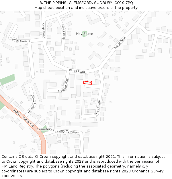 8, THE PIPPINS, GLEMSFORD, SUDBURY, CO10 7PQ: Location map and indicative extent of plot